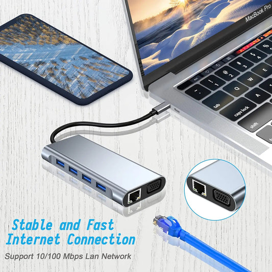 11 in 1 Type - c USB 3.0 Hub Multi - Port Laptop Docking Station Type C to 4K HDMI VGA PD RJ45 for MacBook Pro Air - GadgetsPerformance