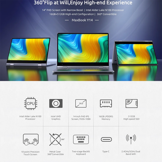 BMAX Y14 2025 360° Laptop 14 Inch Touch Notebook 16GB RAM LPDDR5 512GB SSD Windows 11 1920*1080 IPS Intel N100 Laptops Computer