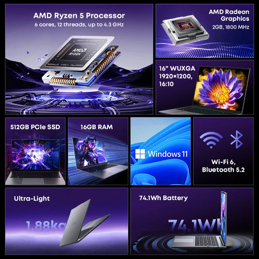 CHUWI CoreBook Plus 16 pouces ordinateur portable R5-7430U 6 cœurs FHD écran ordinateur portable de jeu 16GB RAM 512GB SSD corps en métal ordinateur portable avec refroidisseur