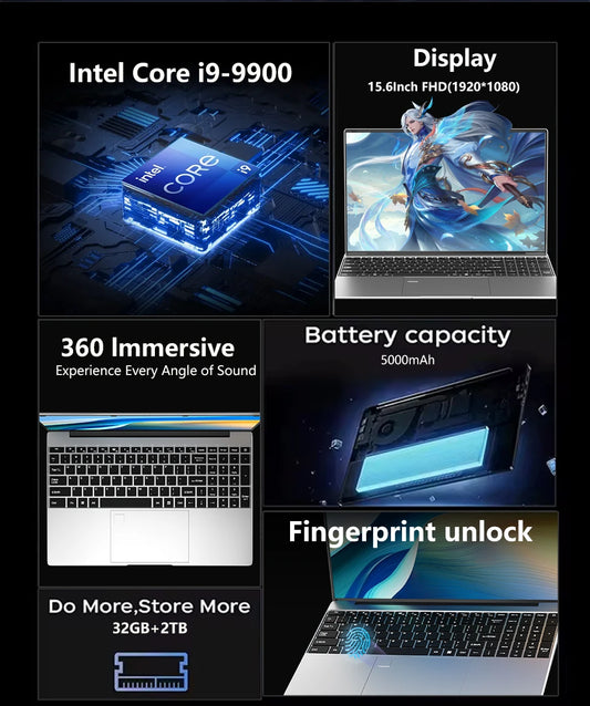 Nouveau 15.6 "ordinateur portable Intel Core I9-9900 32GB 2 to Windows 11 ordinateur de jeu PC Gamer bureau étude Ultra mince ordinateur portable 1920*1080 HD