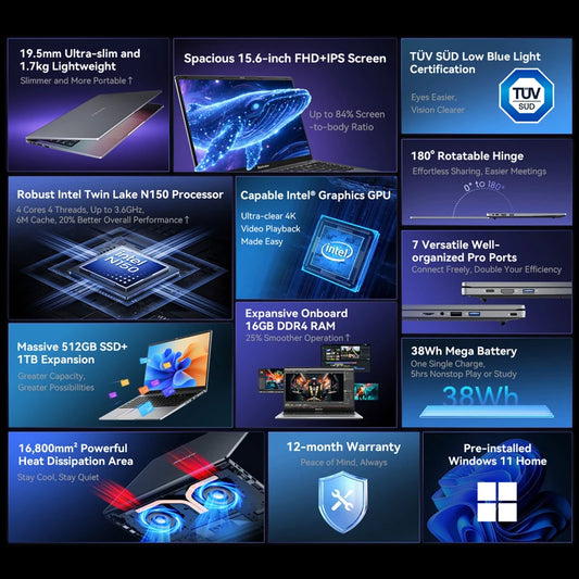 Ordinateur portable Blackview AceBook 6 15,6" FHD IPS Intel Twin Lake N150 16 Go de RAM 512 Go SSD + extension jusqu'à 1 To Windows 11 Home Notebook
