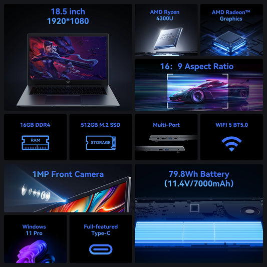 Ordinateur portable ACEMAGIC 18,5 pouces, Windows 11 PRO, batterie 7000 mAh, processeur AMD Ryzen 3 4300U, 16 Go de RAM DDR4, 512 Go de SSD, Wifi5