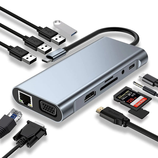 11 in 1 Type - c USB 3.0 Hub Multi - Port Laptop Docking Station Type C to 4K HDMI VGA PD RJ45 for MacBook Pro Air - GadgetsPerformance