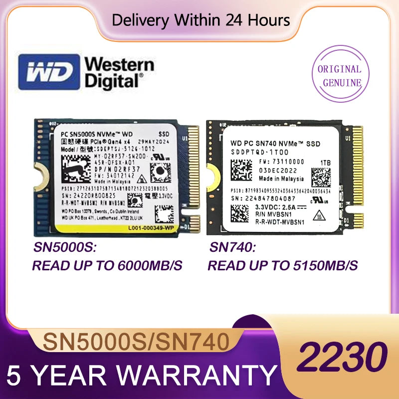 WD SN740 SN5000S M.2 2230 SSD 2TB 1TB 256GB NVMe PCIe Gen4 x4 For Microsoft Surface Pro X Laptop 3 Steam Deck