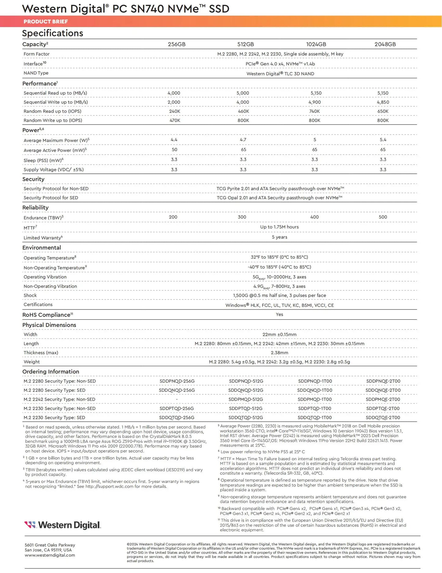 WD SN740 SN5000S M.2 2230 SSD 2TB 1TB 256GB NVMe PCIe Gen4 x4 For Microsoft Surface Pro X Laptop 3 Steam Deck