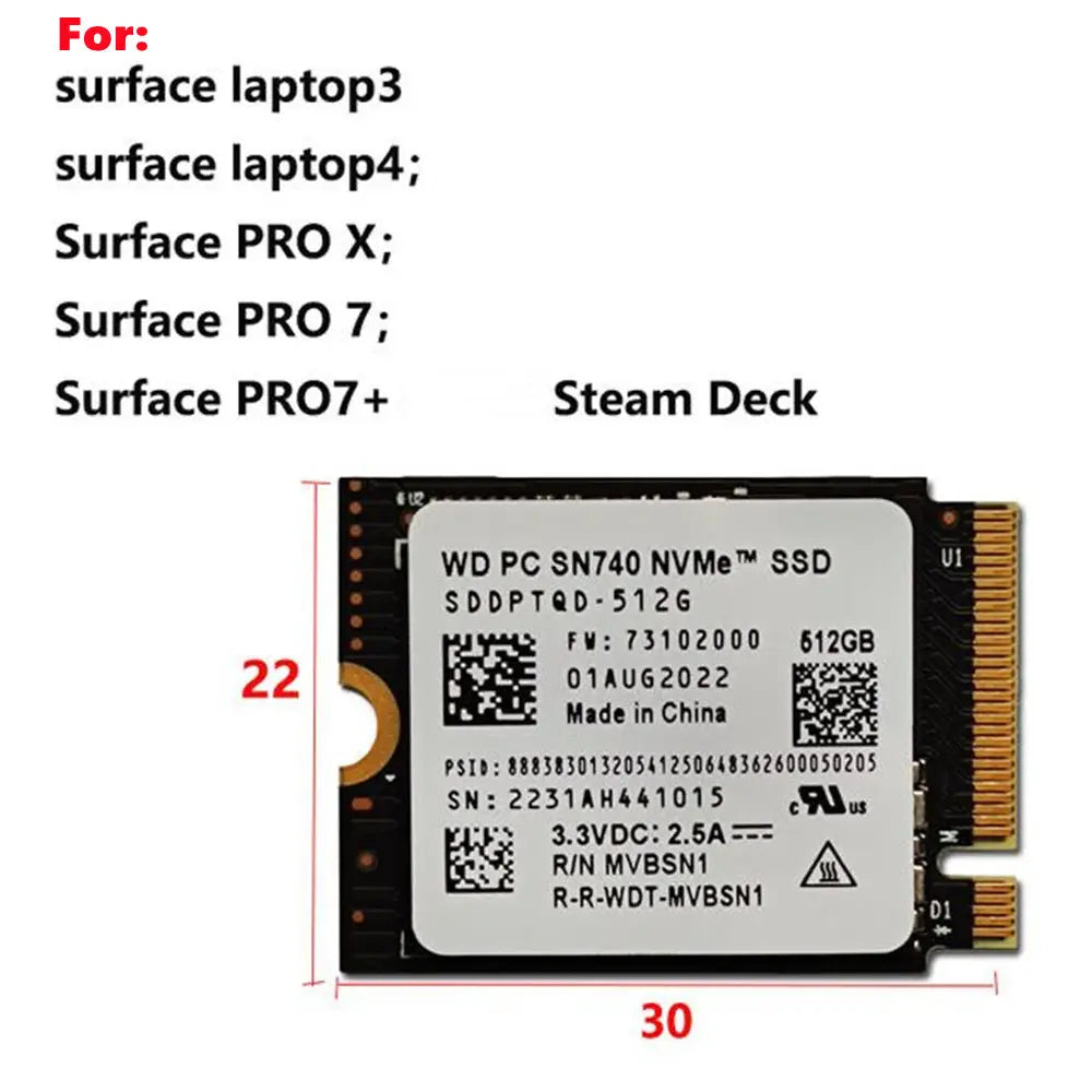 WD SN740 SN5000S M.2 2230 SSD 2TB 1TB 256GB NVMe PCIe Gen4 x4 For Microsoft Surface Pro X Laptop 3 Steam Deck