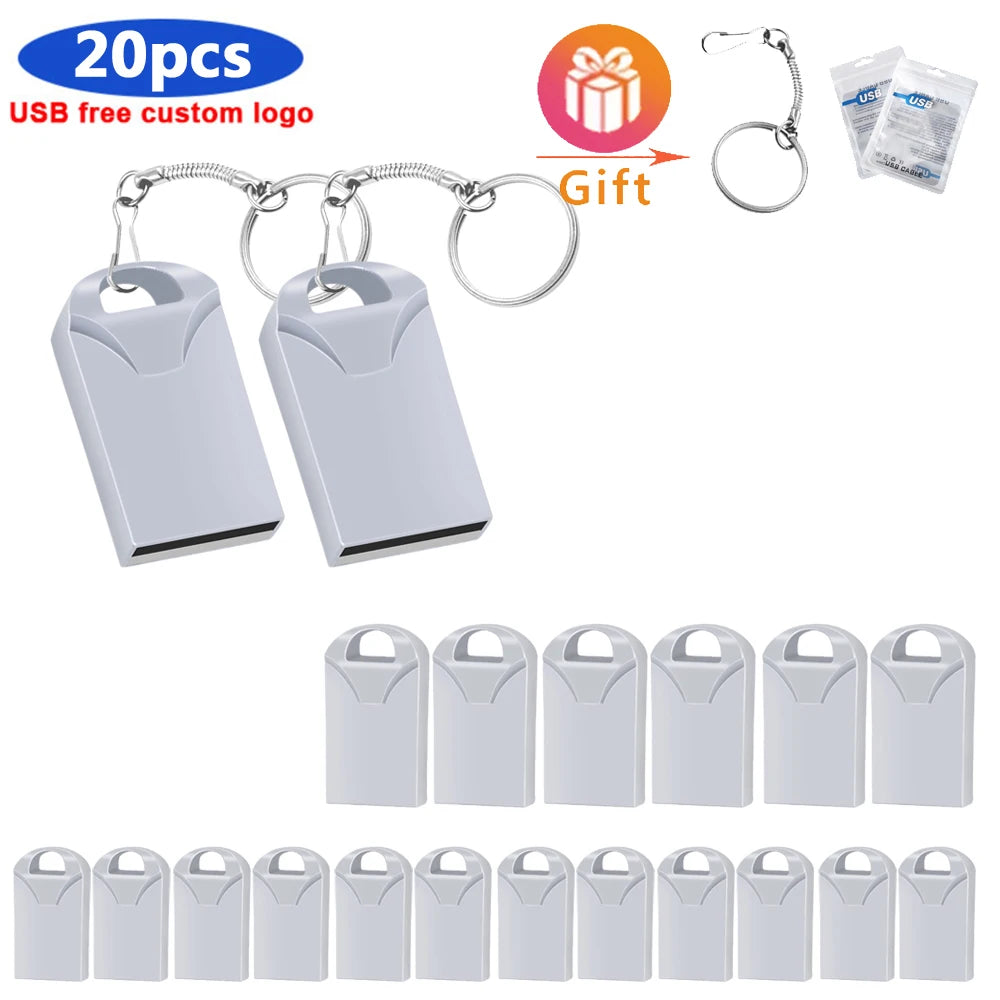 20pcs/lot Custom Logo Metal USB 2.0 Flash Drive Pendrive 64GB 34GB 16GB 8GB 4GB Pen Drive Cle USB on Key Memory For Wedding Gift