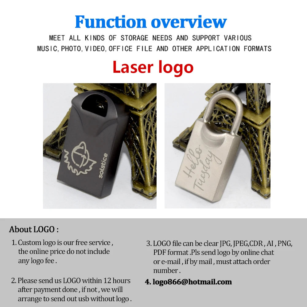 20pcs/lot Custom Logo Metal USB 2.0 Flash Drive Pendrive 64GB 34GB 16GB 8GB 4GB Pen Drive Cle USB on Key Memory For Wedding Gift